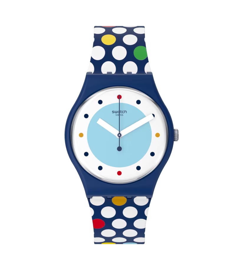 Montre 'Spots of Joy'  Montre avec motif à pois  Montre SO28N115  Montre Quartz  Montre biosourcée  Montre avec bracelet en silicone  Montre bleue  Montre résistante à l'eau  Collection Le Comptoir des Montres  Montre avec boucle en plastique  Montre écologique  Cadeau parfait pour les amateurs de montres  Montre de luxe  Montre unique."