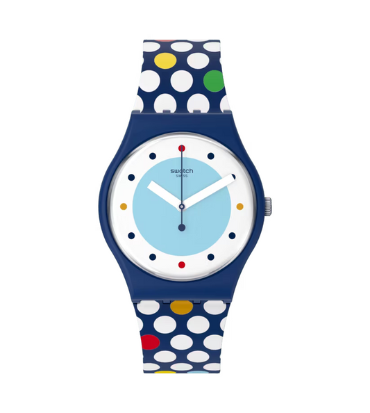 Montre 'Spots of Joy'  Montre avec motif à pois  Montre SO28N115  Montre Quartz  Montre biosourcée  Montre avec bracelet en silicone  Montre bleue  Montre résistante à l'eau  Collection Le Comptoir des Montres  Montre avec boucle en plastique  Montre écologique  Cadeau parfait pour les amateurs de montres  Montre de luxe  Montre unique."