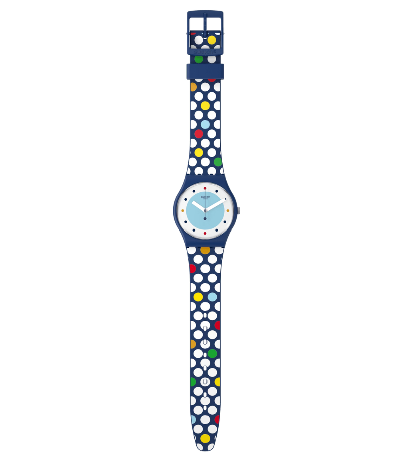 Montre 'Spots of Joy'  Montre avec motif à pois  Montre SO28N115  Montre Quartz  Montre biosourcée  Montre avec bracelet en silicone  Montre bleue  Montre résistante à l'eau  Collection Le Comptoir des Montres  Montre avec boucle en plastique  Montre écologique  Cadeau parfait pour les amateurs de montres  Montre de luxe  Montre unique."