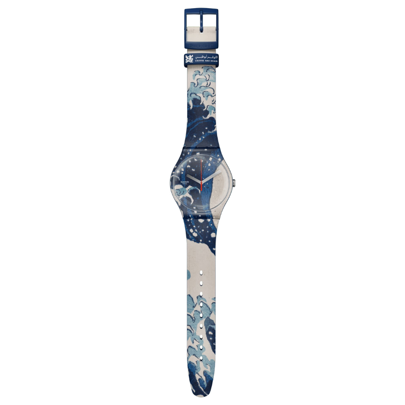 Montre Katsushika Hokusai  La Grande Vague de Kanagawa  Montre d'artiste  Montre SUOZ351  Montre Quartz  Montre étanche  Montre avec bracelet en silicone  Montre avec boîtier en plastique  Collection Le Comptoir des Montres  Montre bleue  Montre avec cadran bleu  Cadeau parfait pour les amateurs de montres  Montre avec œuvre d'art imprimée  Montre de luxe  Montre unique  Montre Astrolabe  Montre Louvre Abu Dhabi."
