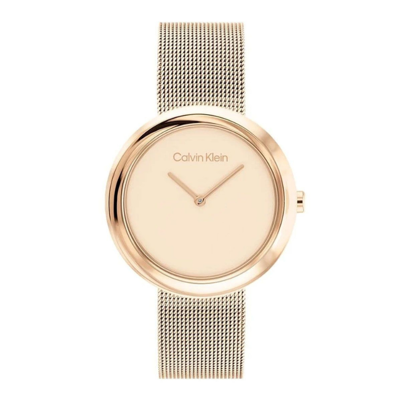 Montre femme, Sculptural Twisted Bezel, 34 mm, Quartz, boîtier en acier, bracelet en acier, mouvement à quartz, étanchéité 3 ATM, cadran rose, finition doré rose, style classique, élégance et raffinement.