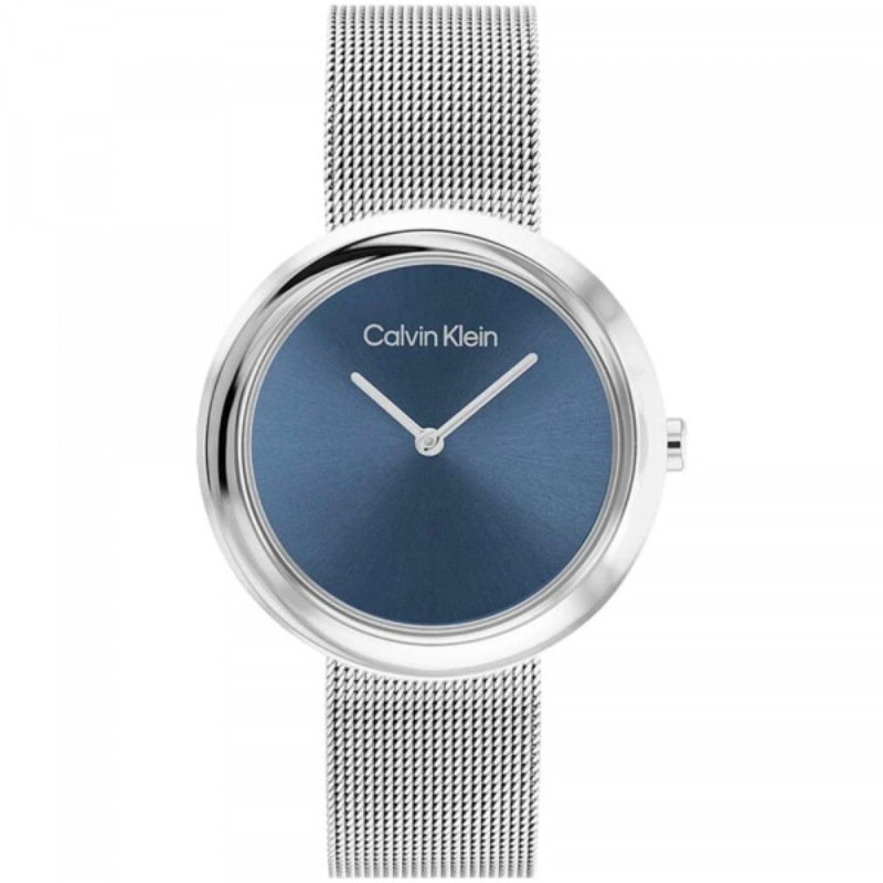 Montre femme, Calvin Klein, Twisted Bezel, Métal Argenté, quartz, affichage analogique, boîtier rond, bracelet en maille milanaise, cadran bleu métallisé, élégance citadine, design contemporain.