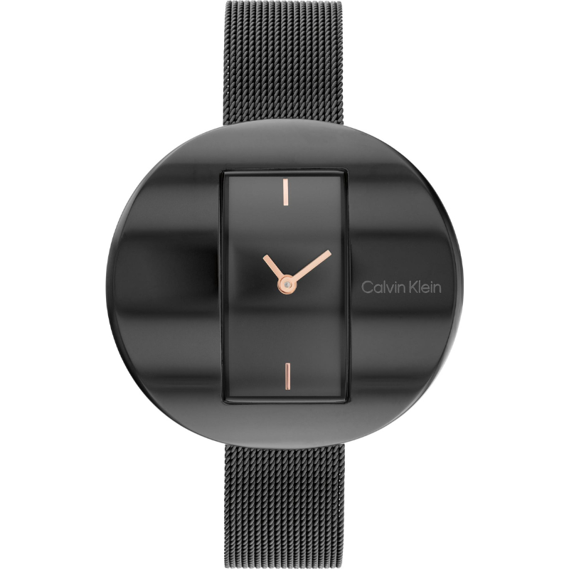Montre Calvin Klein, Circular Mesh, 25200018, boîtier en acier inoxydable, cadran noir, bracelet en acier inoxydable milanais, design moderne, étanchéité 30 mètres, élégance et raffinement pour femmes.