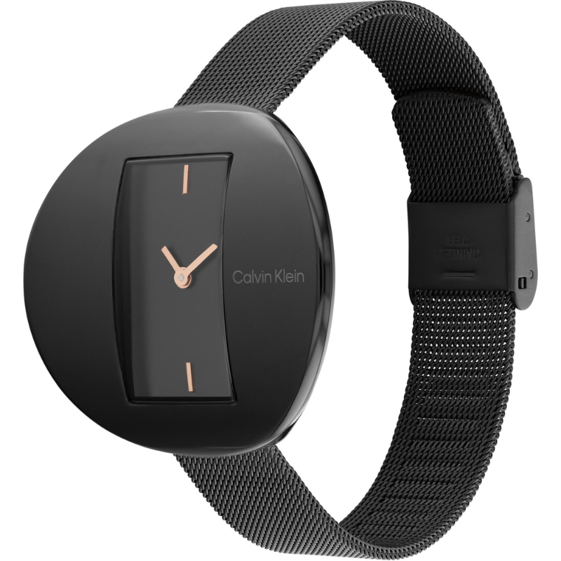 Montre Calvin Klein, Circular Mesh, 25200018, boîtier en acier inoxydable, cadran noir, bracelet en acier inoxydable milanais, design moderne, étanchéité 30 mètres, élégance et raffinement pour femmes.