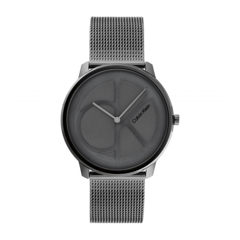 Montre homme, Calvin Klein, 25200030, design minimaliste, mouvement à quartz, cadran gris foncé, bracelet en maille d'acier inoxydable, résistant aux éclaboussures, esthétique épurée, style raffiné.