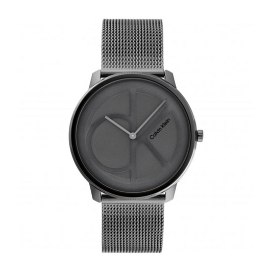 Montre homme, Calvin Klein, 25200030, design minimaliste, mouvement à quartz, cadran gris foncé, bracelet en maille d'acier inoxydable, résistant aux éclaboussures, esthétique épurée, style raffiné.