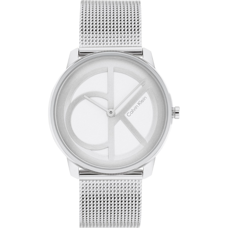 Montre Calvin Klein, Iconic Mesh, 25200032, design épuré, mouvement à quartz, cadran argenté, bracelet en acier inoxydable milanais, résistante aux éclaboussures, style unisexe, élégance et sophistication.