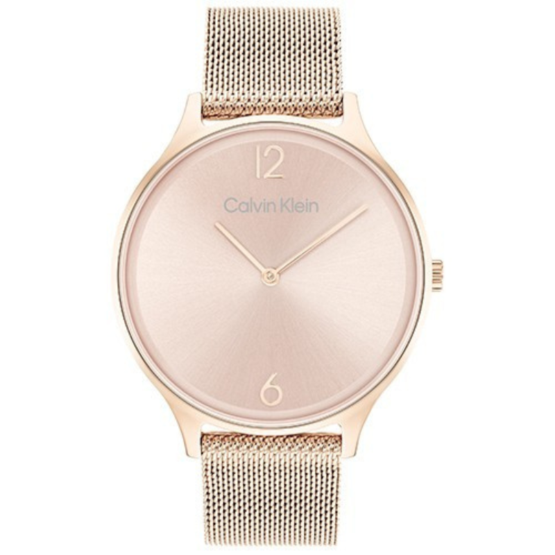 Montre quartz femme, Timeless 2H, Calvin Klein, boîtier en acier doré rose, cadran doré rose, bracelet milanais doré rose, précision du mouvement à quartz, étanchéité 30 mètres, verre minéral résistant, design élégant et minimaliste.