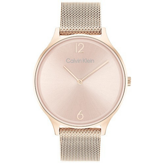Montre quartz femme, Timeless 2H, Calvin Klein, boîtier en acier doré rose, cadran doré rose, bracelet milanais doré rose, précision du mouvement à quartz, étanchéité 30 mètres, verre minéral résistant, design élégant et minimaliste.