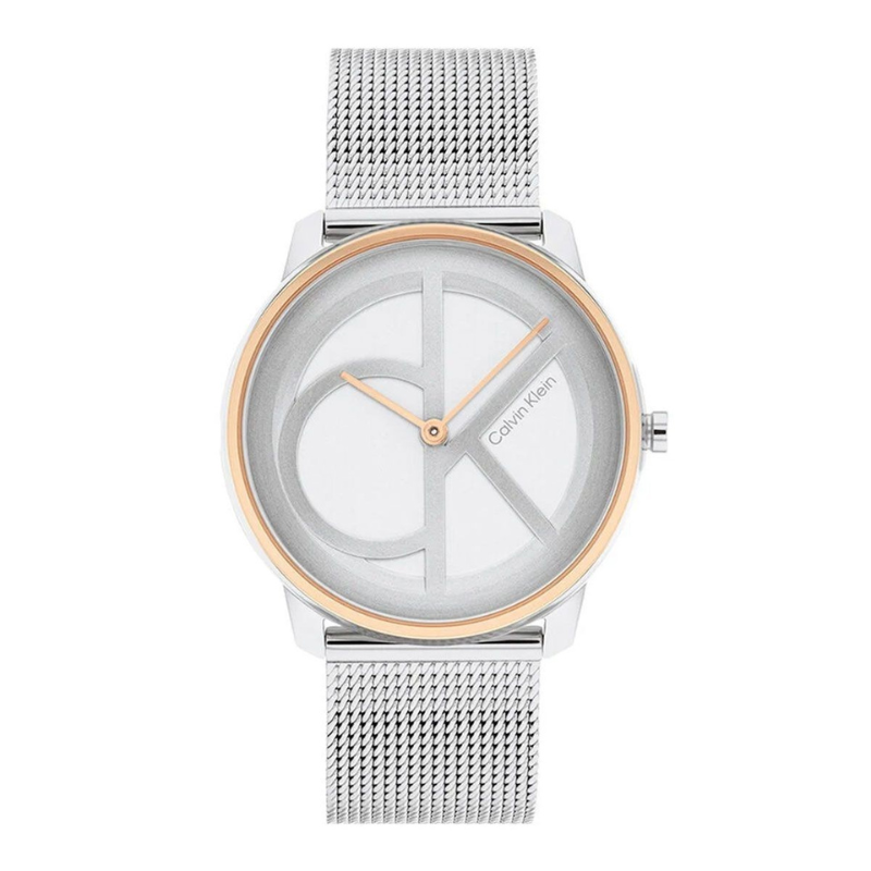 Montre Calvin Klein, Iconic Mesh, Quartz, bracelet en acier, finition doré rose, cadran blanc, étanchéité 3 ATM, style classique, élégance et raffinement pour femmes.