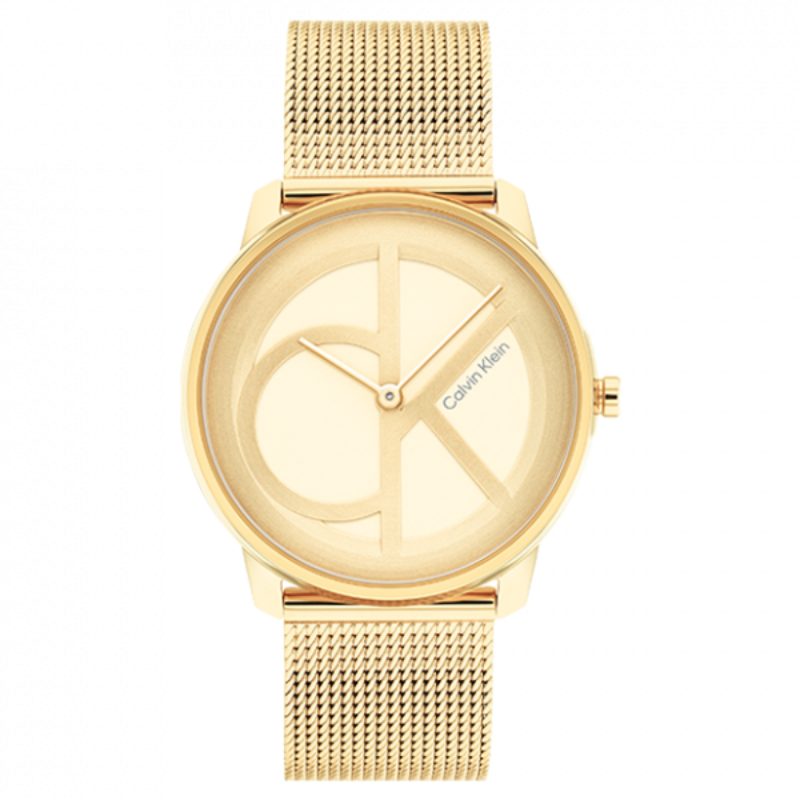 Montre Calvin Klein, Iconic Mesh, métal doré, mouvement à quartz, cadran rond, bracelet en maille, élégance, glamour, résistante aux éclaboussures, style tendance pour femmes.