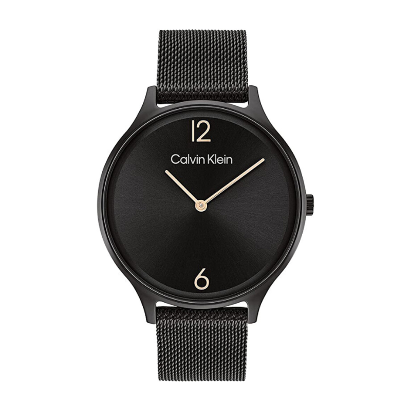 Montre femme, Calvin Klein 25200004, boîtier en acier inoxydable, cadran noir, bracelet milanais noir, mouvement à quartz, verre minéral, design élégant et contemporain, étanchéité 3 bars, garantie de fabrication de 2 ans.