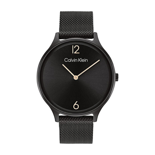 Montre femme, Calvin Klein 25200004, boîtier en acier inoxydable, cadran noir, bracelet milanais noir, mouvement à quartz, verre minéral, design élégant et contemporain, étanchéité 3 bars, garantie de fabrication de 2 ans.