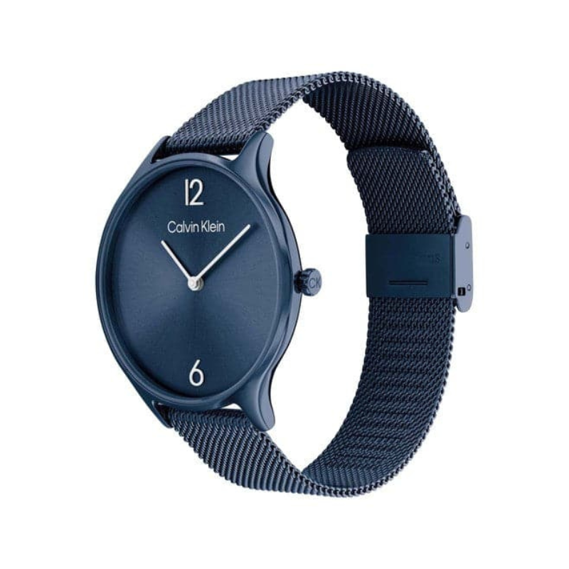 Timeless 2H, Calvin Klein, mouvement Quartz, boîtier de 38 mm, forme ronde, boîtier en acier inoxydable, cadran bleu, numéro de modèle 25200005, bracelet en acier inoxydable, attrait classique.