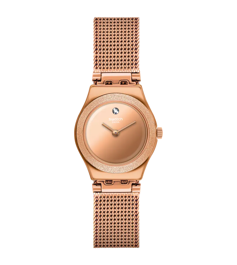 Petit par sa taille, grand par son impact ! Le style le plus scintillant (YSG166M) de l’année arbore un bracelet souple et brillant en tissu couleur or rose qui, associé à l’acier inoxydable robuste des montres IRONY, est un véritable spectacle à lui tout seul. Maintenant, imagine-toi associer cette montre à ta personnalité et à ta tenue. Rien ne pourra t’arrêter.