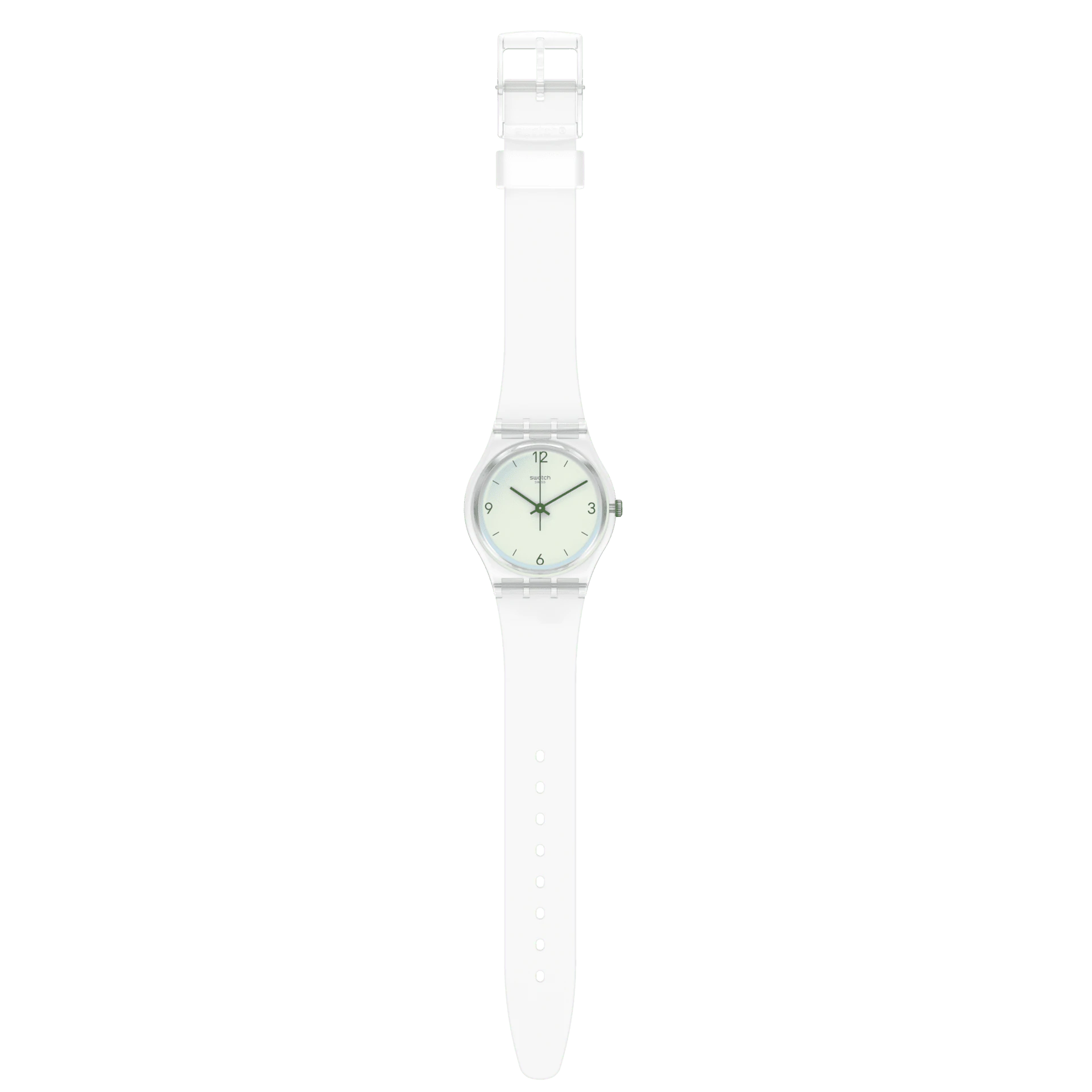 Cette montre masculine possède un verre Swatch Solar Spectrum à effet miroir qui attire tous les regards. Le cadran blanc, avec ses index verts, se démarque du boîtier en plastique transparent brillant et du bracelet en silicone semi-transparent mat.