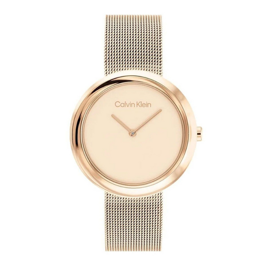 Montre femme, Sculptural Twisted Bezel, 34 mm, Quartz, boîtier en acier, bracelet en acier, mouvement à quartz, étanchéité 3 ATM, cadran rose, finition doré rose, style classique, élégance et raffinement.