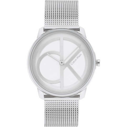 Montre Calvin Klein, Iconic Mesh, 25200032, design épuré, mouvement à quartz, cadran argenté, bracelet en acier inoxydable milanais, résistante aux éclaboussures, style unisexe, élégance et sophistication.