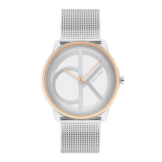 Montre Calvin Klein, Iconic Mesh, Quartz, bracelet en acier, finition doré rose, cadran blanc, étanchéité 3 ATM, style classique, élégance et raffinement pour femmes.