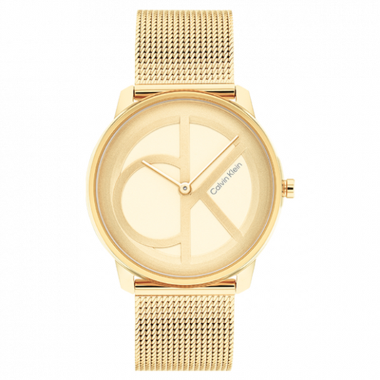 Montre Calvin Klein, Iconic Mesh, métal doré, mouvement à quartz, cadran rond, bracelet en maille, élégance, glamour, résistante aux éclaboussures, style tendance pour femmes.
