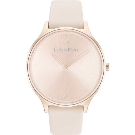  Montre femme, CALVIN KLEIN, Timeless Mesh, 38mm, 25200009, boîtier en acier inoxydable, cadran rose, bracelet en cuir rose, mouvement à quartz, étanchéité 30 mètres, élégance et précision.